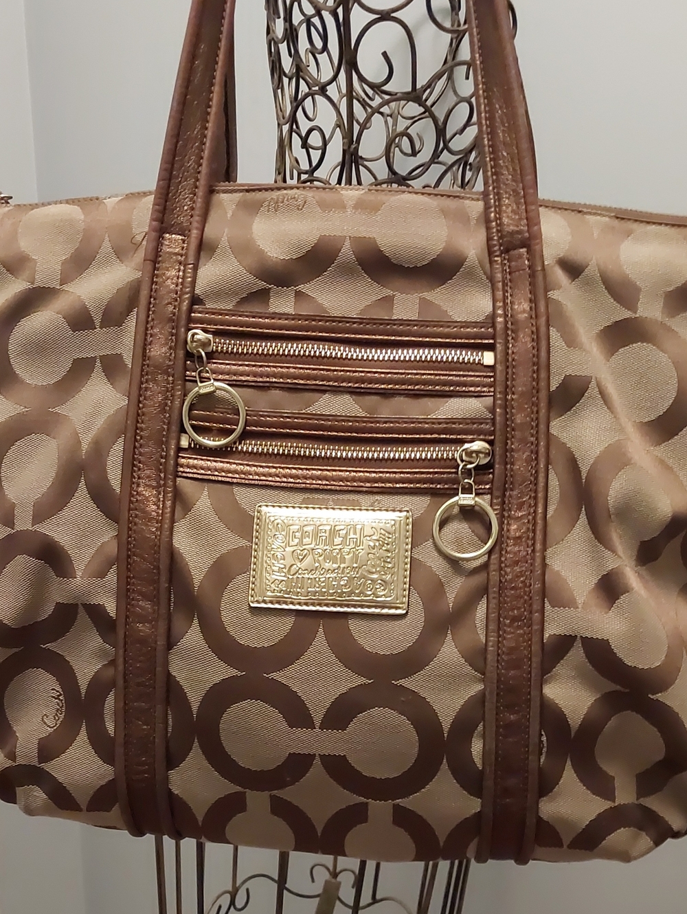 Coach Brown Signature Jacquard Tote with Gold Accents